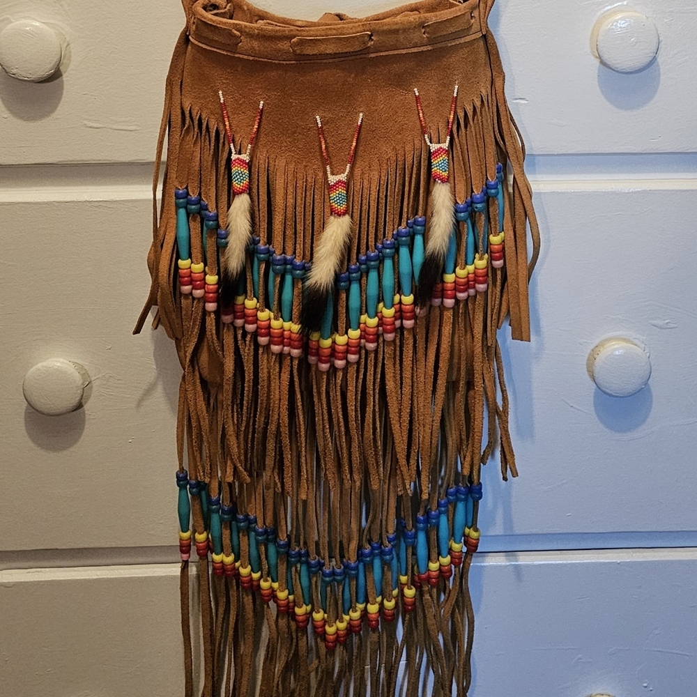 Native American Handmade Beaded Suede Crossbody Bag W/ Ermine Tails - Vintage